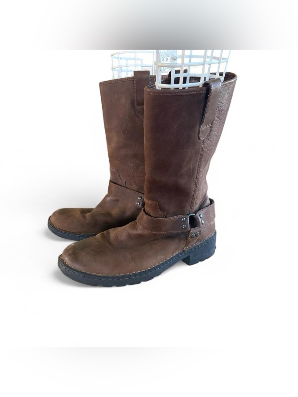 Mens Brown Leather Harness Boots size 12 Rugged Cabin Moto Mid-Calf Fall Comfort